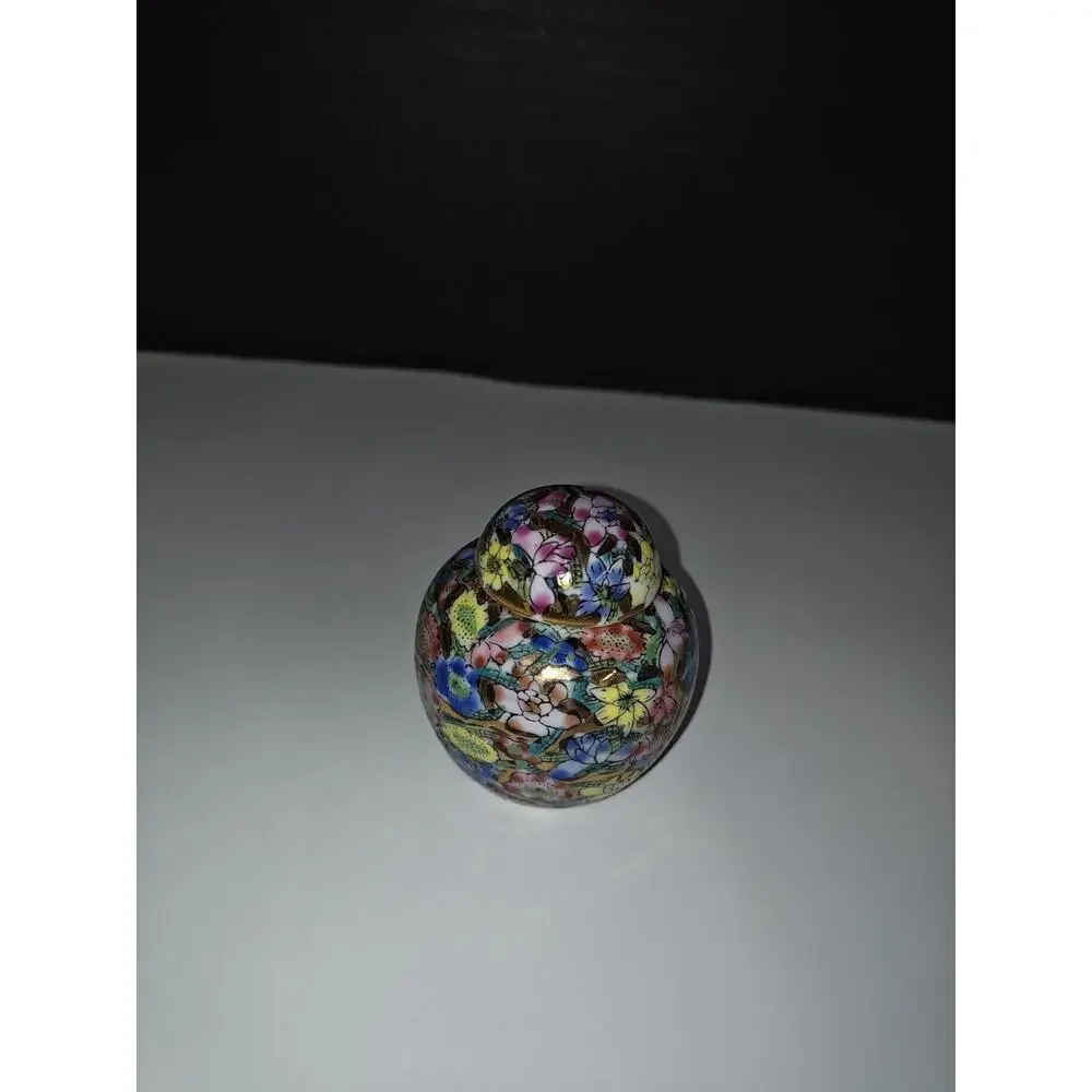 Colorful Vintage Botanical Ginger Jar Urn Hand Painted Floral Mini Vase With Lid